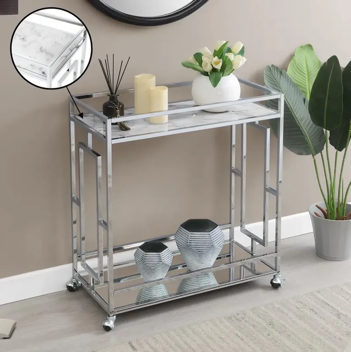 Convenience Concepts Town Square Chrome Faux Marble Mirrored Bar Cart with Shelf