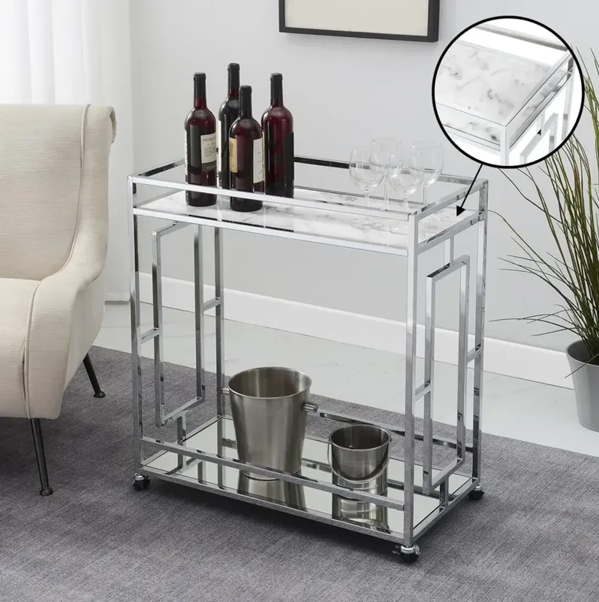 Convenience Concepts Town Square Chrome Faux Marble Mirrored Bar Cart with Shelf