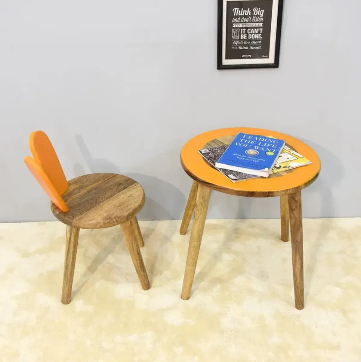 Handmade 100% Mango Wood Kids Orange Color Round Shaped Rabbit Theme Indoor Table & Chair