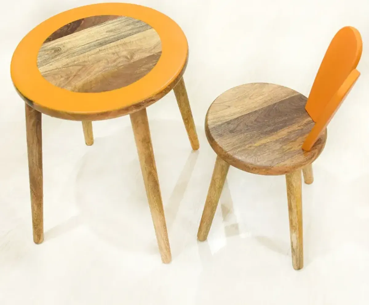 Handmade 100% Mango Wood Kids Orange Color Round Shaped Rabbit Theme Indoor Table & Chair