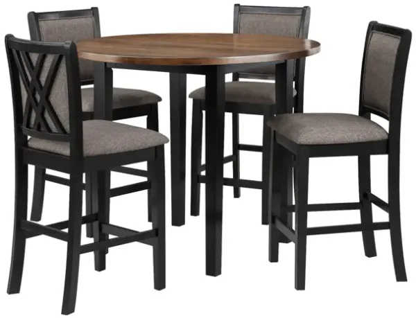 Jeremy 42 Inch 5 Piece Round Counter Table Set with Fabric Seat, Brown and Black - Benzara