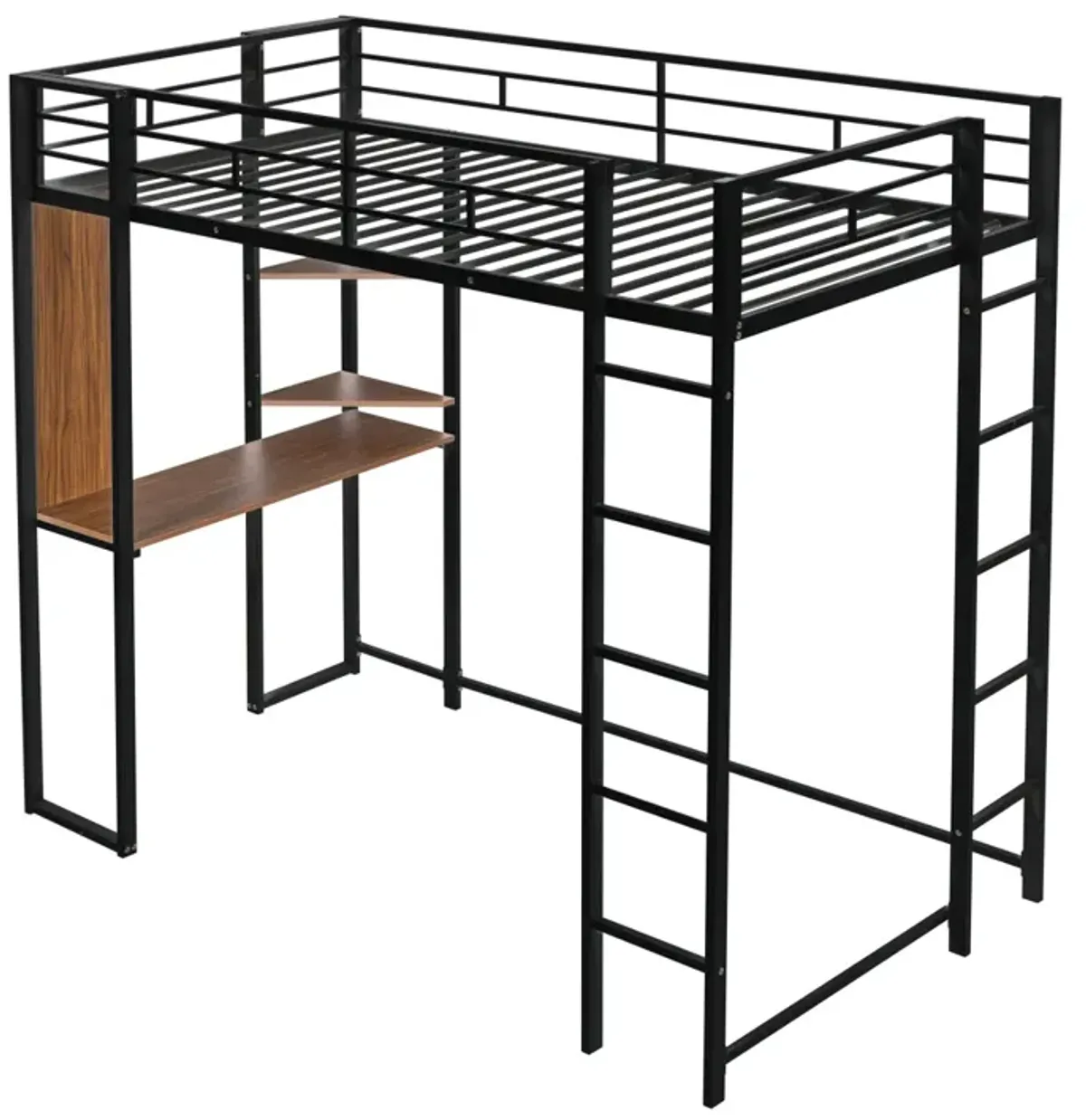 Twin Metal Loft Bed With 2 Shelves And One Desk