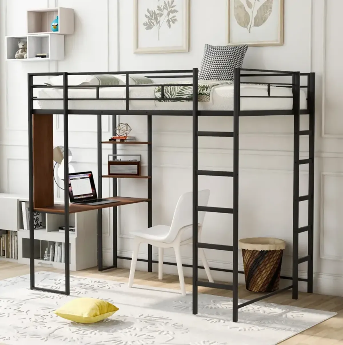 Twin Metal Loft Bed With 2 Shelves And One Desk