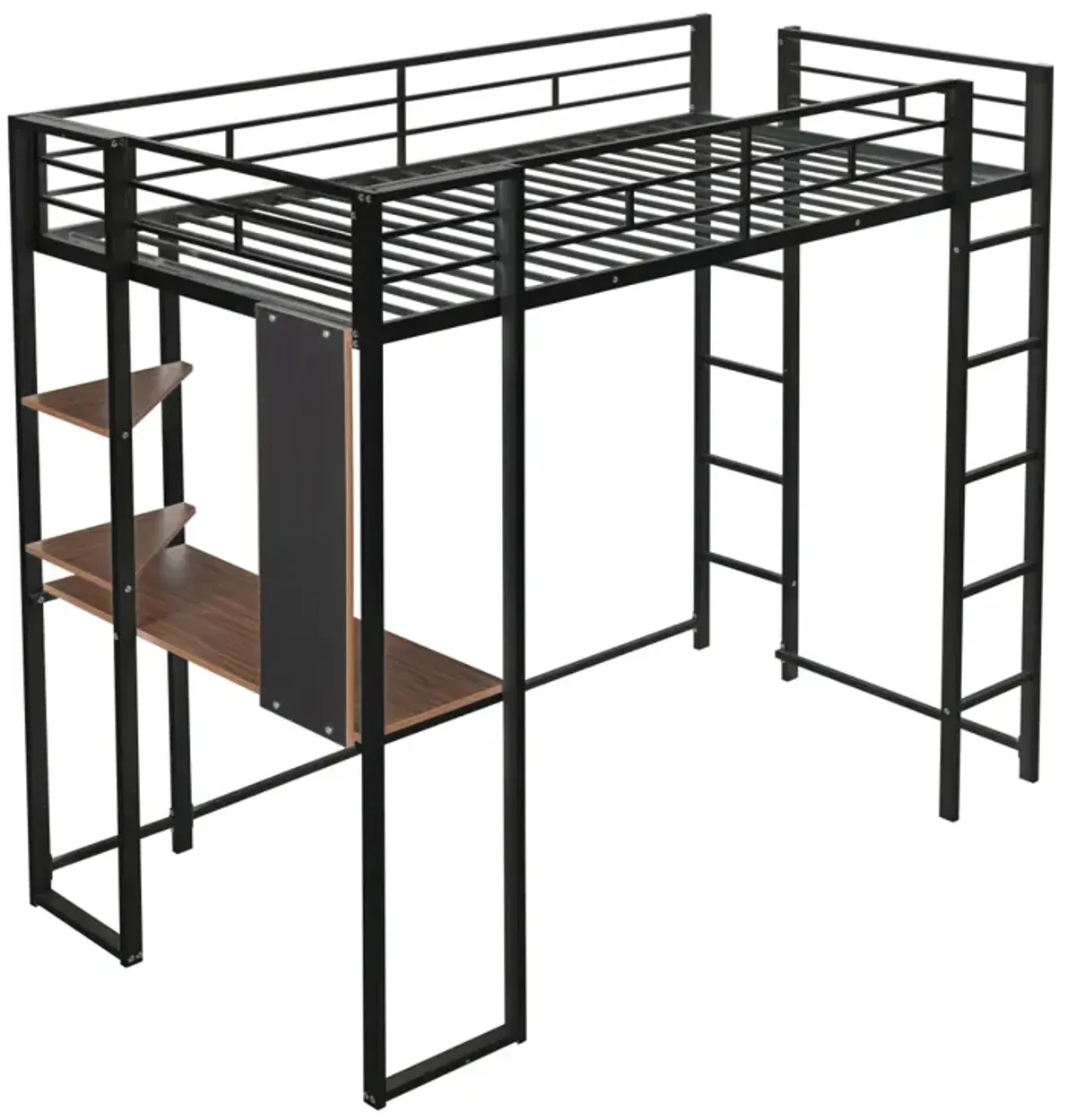 Twin Metal Loft Bed With 2 Shelves And One Desk