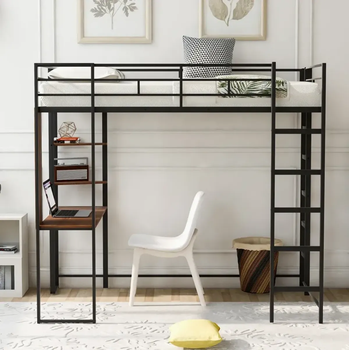 Twin Metal Loft Bed With 2 Shelves And One Desk