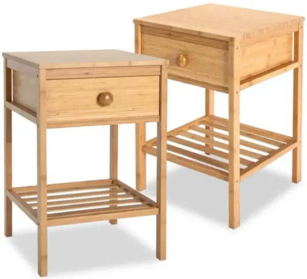 Hivvago Set of 2 Bamboo End Tables with Drawer and Open Shelf