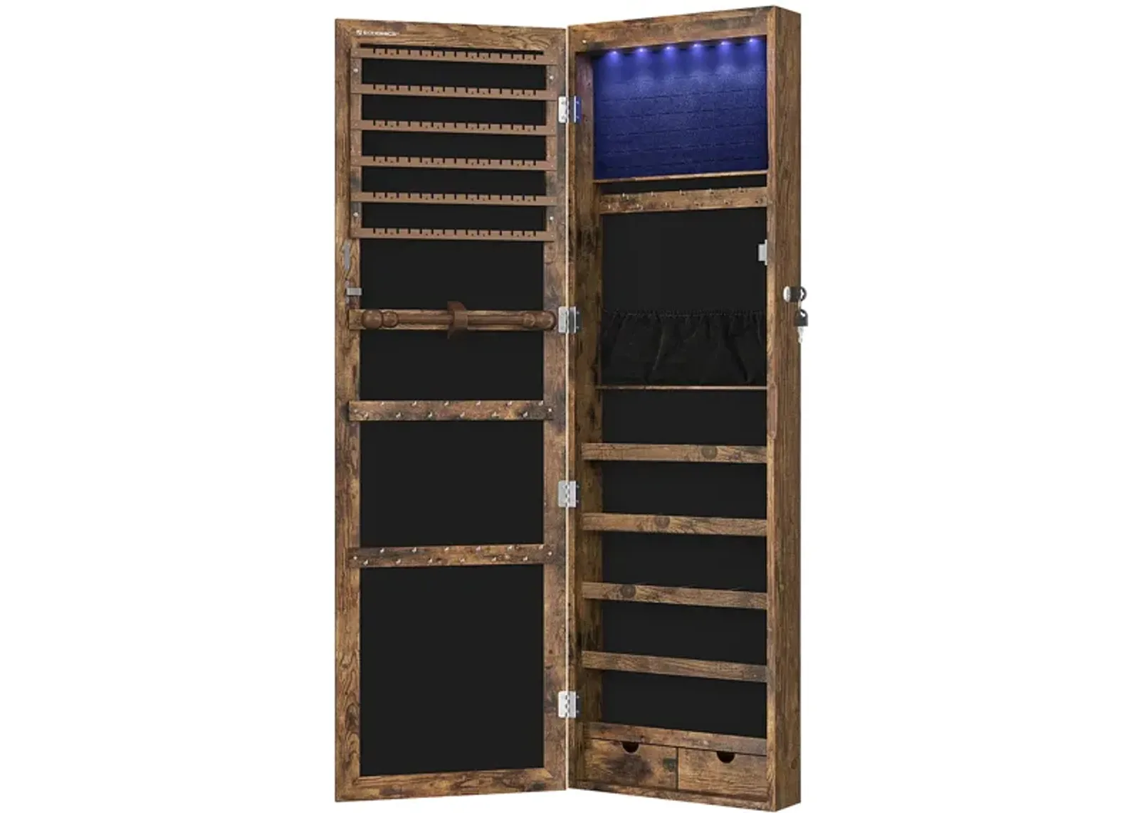 Wall/Door Mounted Jewelry Armoire 6-LED Mirror Cabinet with Lock, 2 Drawers, and Organizer