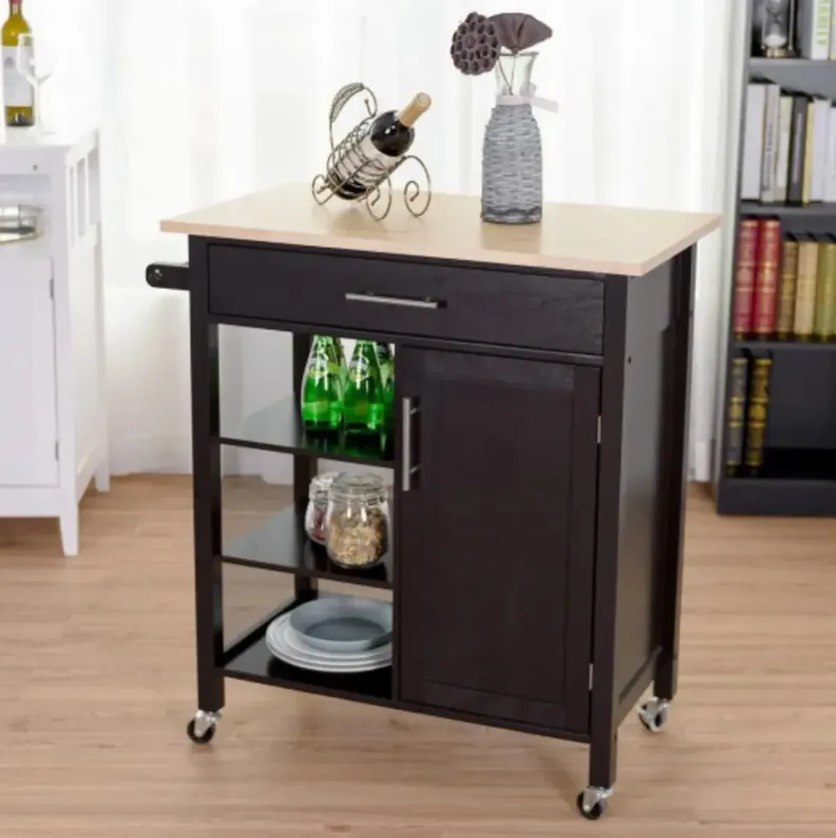 4-Tier Rolling Wood Kitchen Trolley Island Storage Cabinet