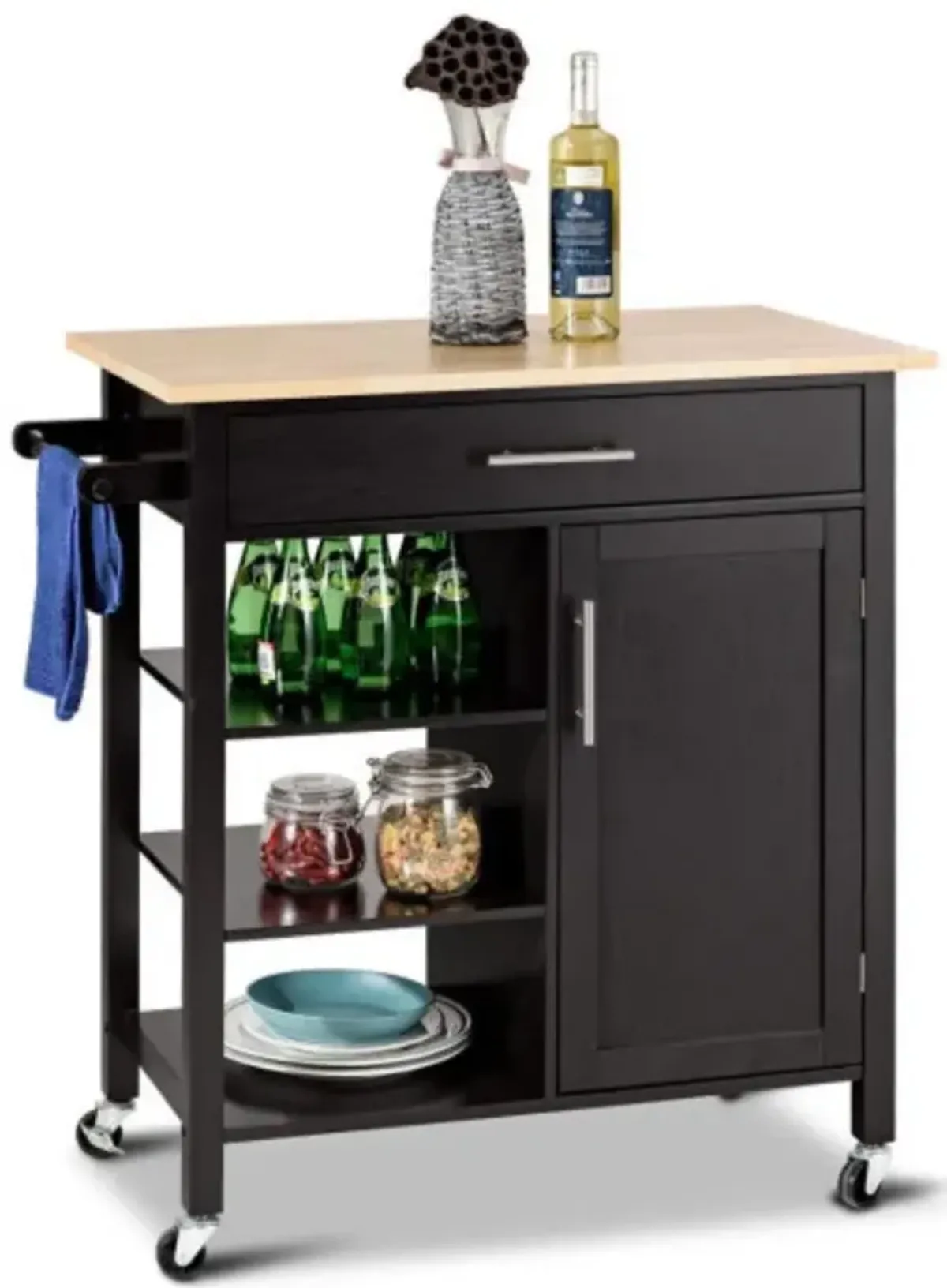 4-Tier Rolling Wood Kitchen Trolley Island Storage Cabinet