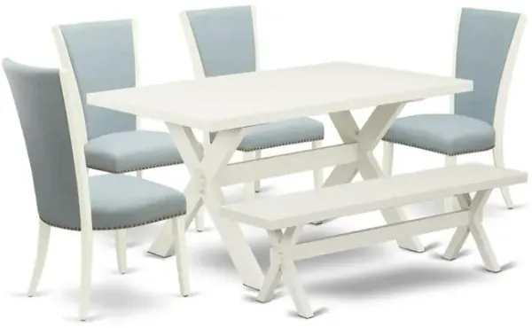 East West Furniture 6 Piece Dinette Set - 4 Baby Blue Linen Fabric Dining Room Chairs with Nailheads and Linen White Wooden Dining Table - 1 Wooden Bench - Linen White Finish