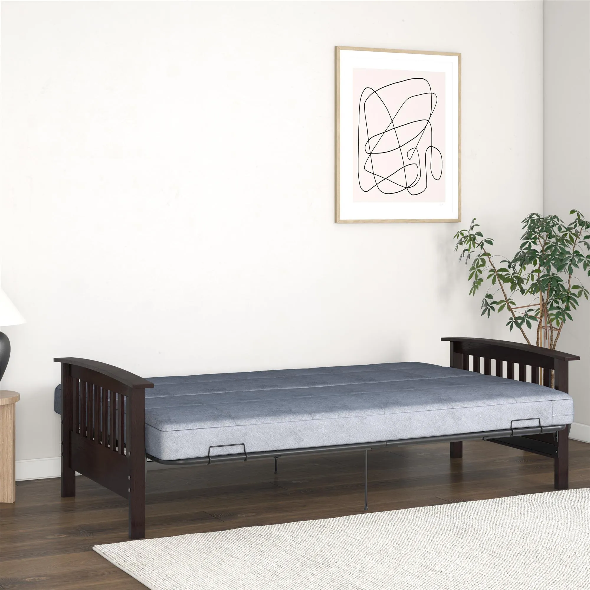 Elbi Full Size Wood Arm and Black Metal Futon Frame