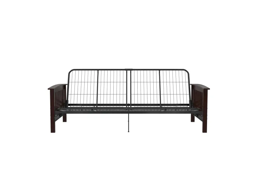 Elbi Full Size Wood Arm and Black Metal Futon Frame