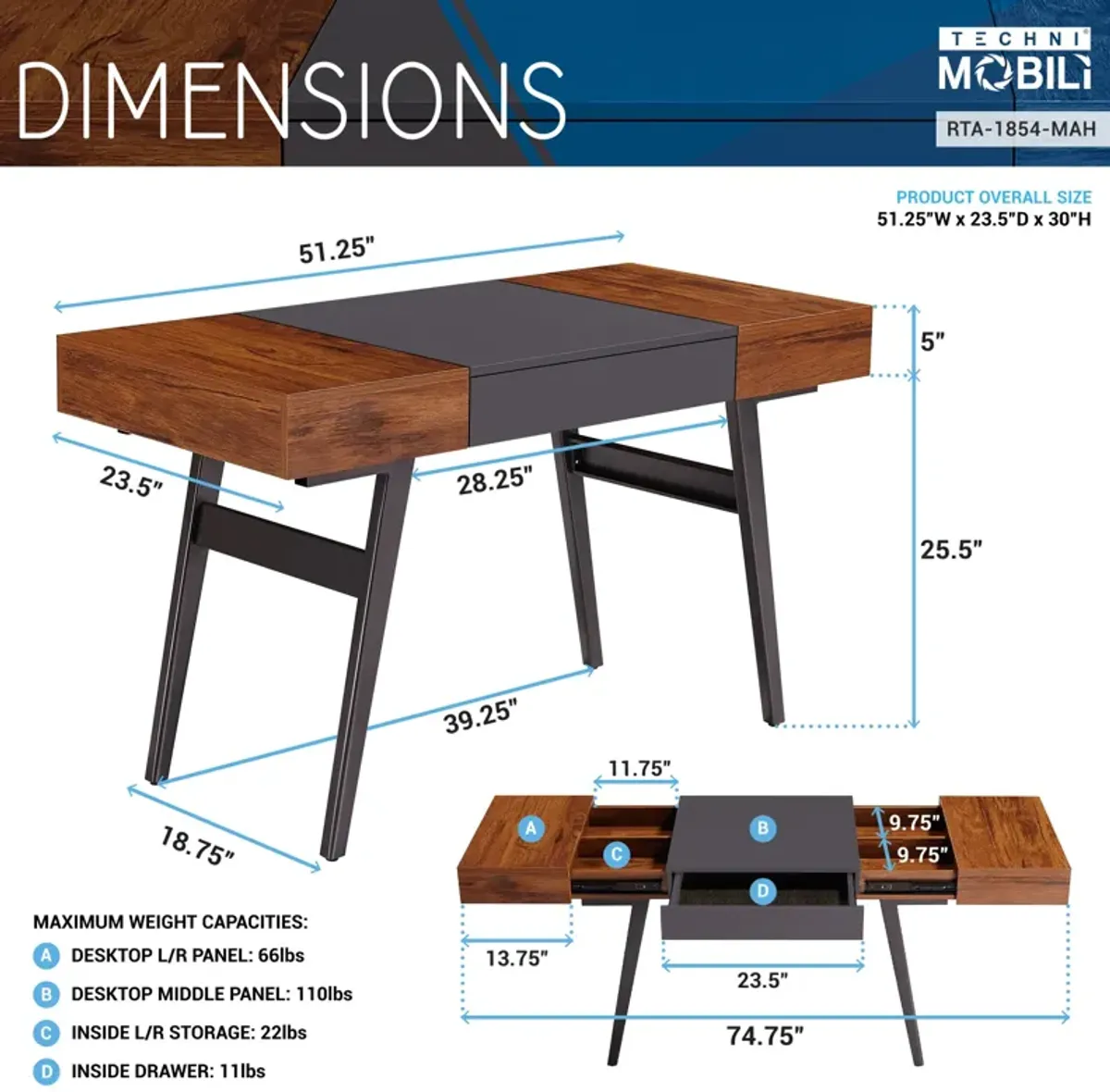 Writing Desk - Dual Side & Pull-Out Front Drawer - Coated Grey Steel Frame - Mahogany