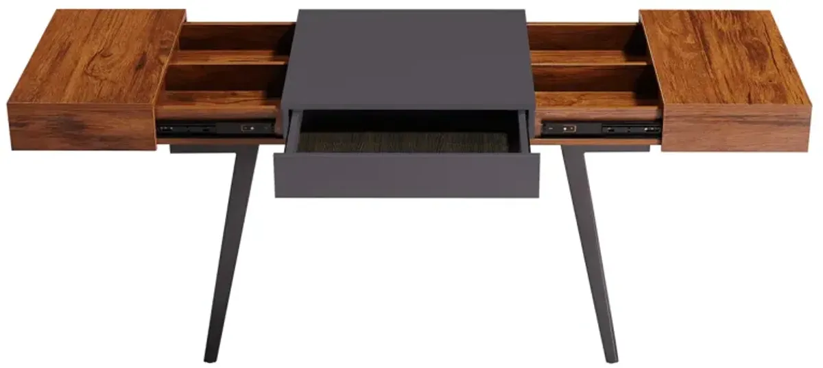 Writing Desk - Dual Side & Pull-Out Front Drawer - Coated Grey Steel Frame - Mahogany