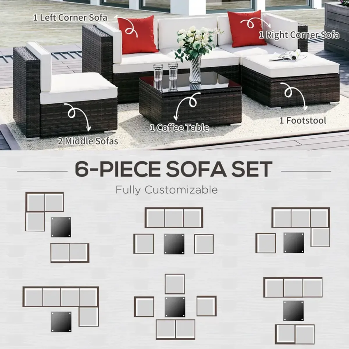 Complete Patio Lounge: 6-Piece White Wicker Set with Glass Coffee Table