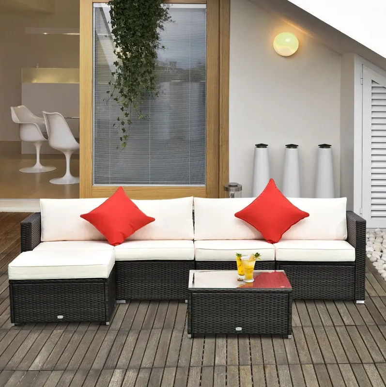 Complete Patio Lounge: 6-Piece White Wicker Set with Glass Coffee Table