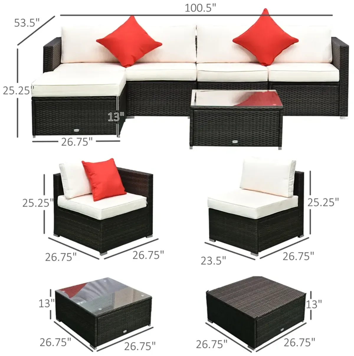 Complete Patio Lounge: 6-Piece White Wicker Set with Glass Coffee Table