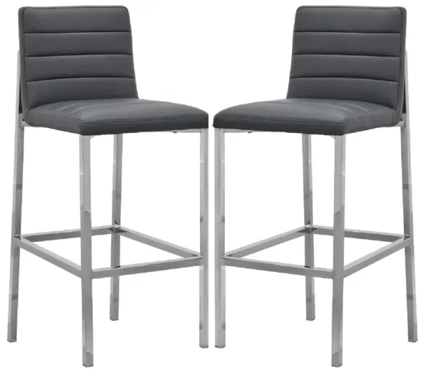 Eun 30 Inch Faux Leather Channel Barstool, Chrome, Set of 2, Dark Gray-Benzara