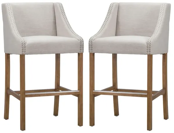 Wood and Fabric Barstool with Swooping Arms and Nail Head Trim, Set of 2, Beige and Brown - Benzara