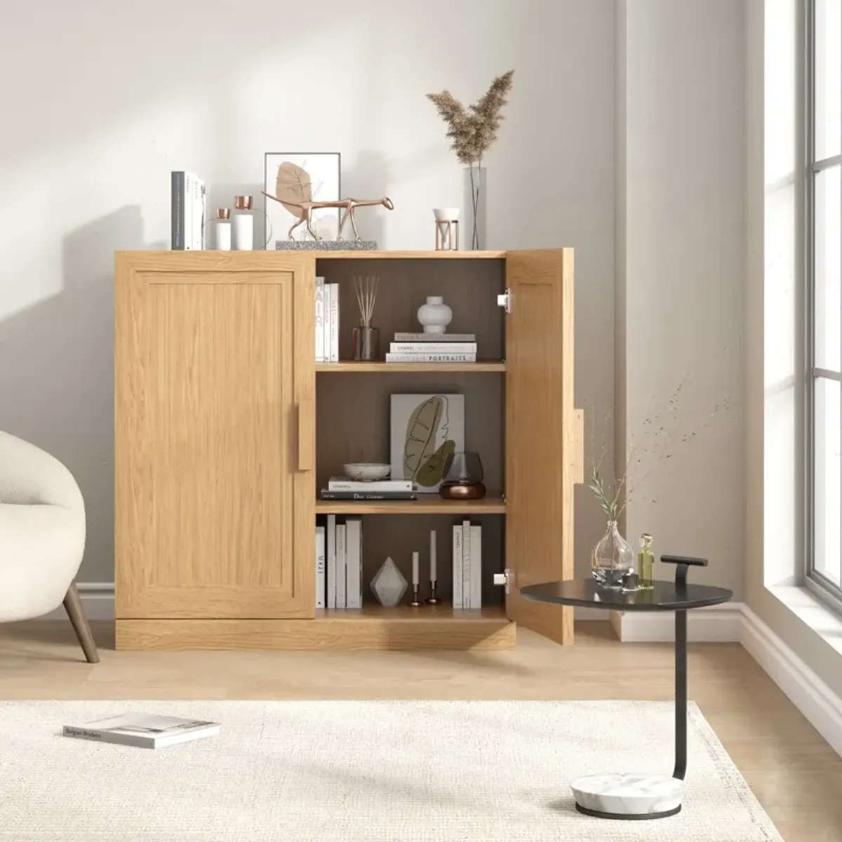 Wood Accent Cabinet, Storage Organizer with Adjustable Shelves and Glass Doors