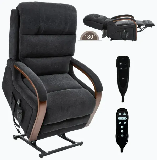 Black Chenille Lift Recliner Chair with Solid Wood Armrests, Heat Massage