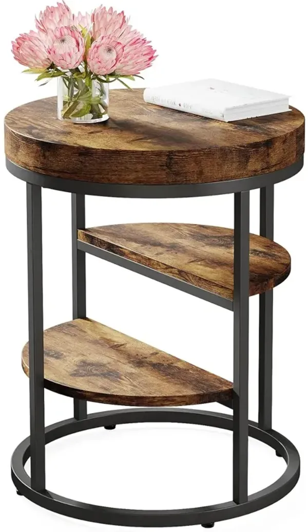 Round End Table, Small End Table with 3 Storage Shelves, Wood Side Table for Small Spaces, Modern Sofa Side Table for Living Room, Rustic Brown Nightstand and Bedside Table for Bedroom, Deck Boxes