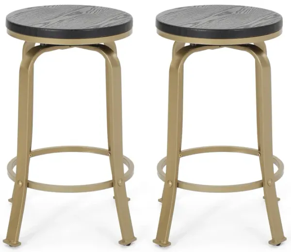 Andie Swivel Counter Stool, Black Faux Wood, Compact Gold Iron Frame - Benzara