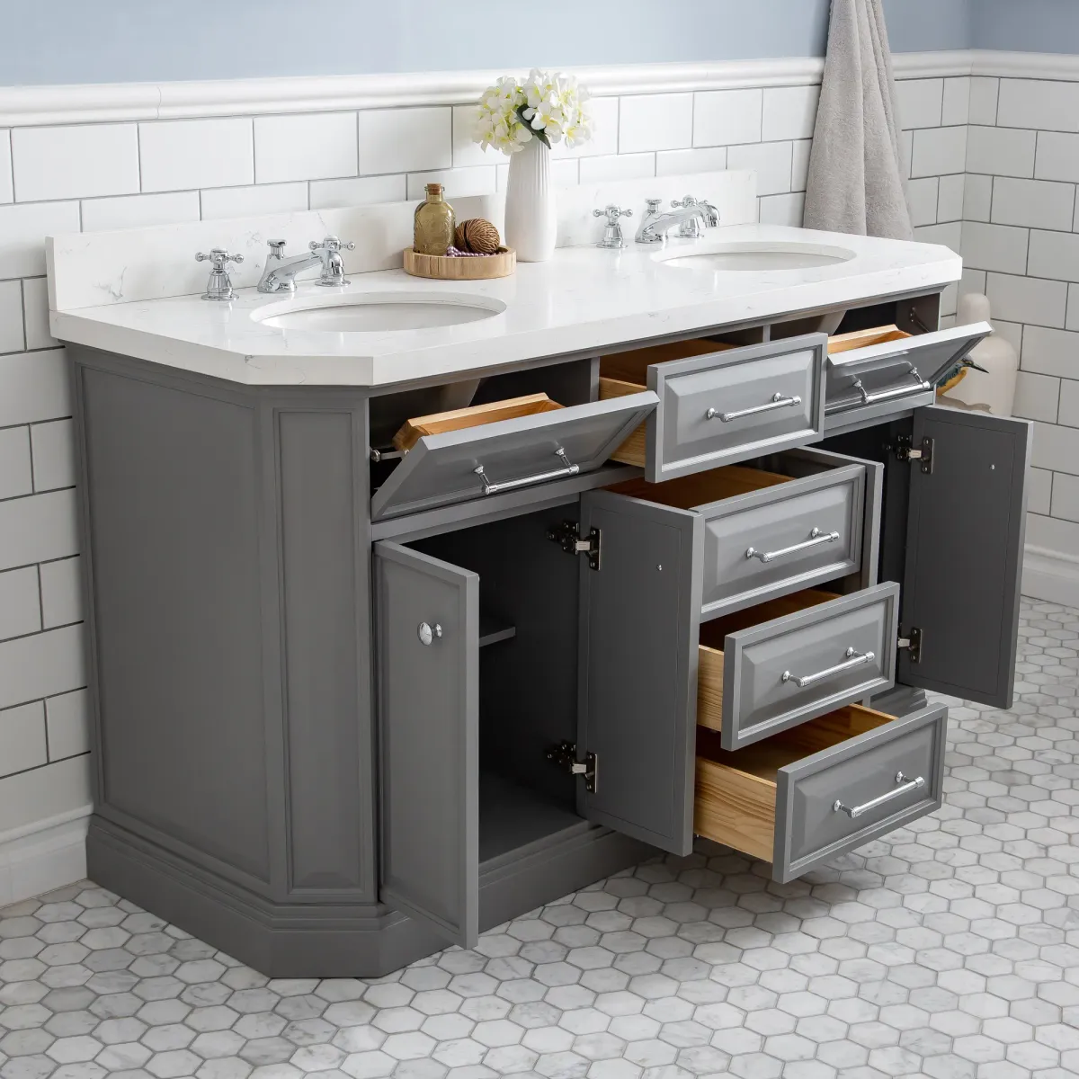 Palace 60 In. Double Sink Carrara Quartz Countertop Bath Vanity in Cashmere Grey with Chrome Hardware and Classic Faucets