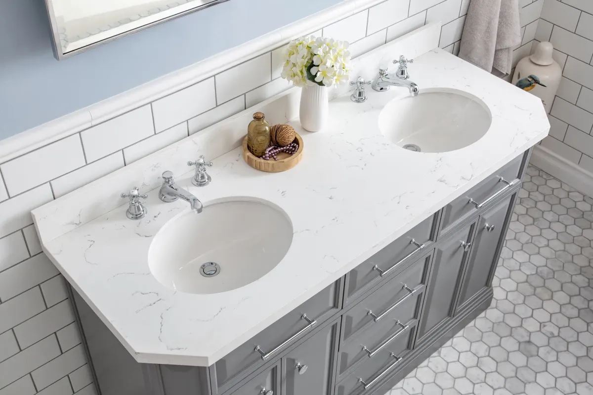 Palace 60 In. Double Sink Carrara Quartz Countertop Bath Vanity in Cashmere Grey with Chrome Hardware and Classic Faucets