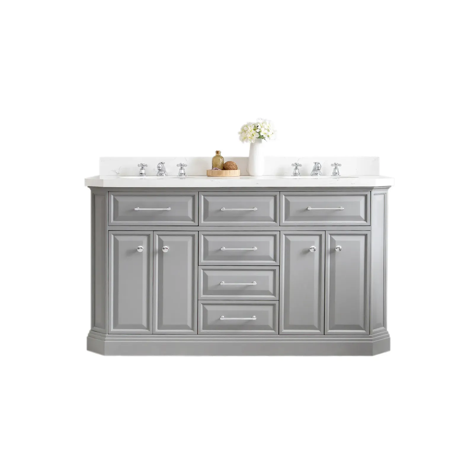 Palace 60 In. Double Sink Carrara Quartz Countertop Bath Vanity in Cashmere Grey with Chrome Hardware and Classic Faucets