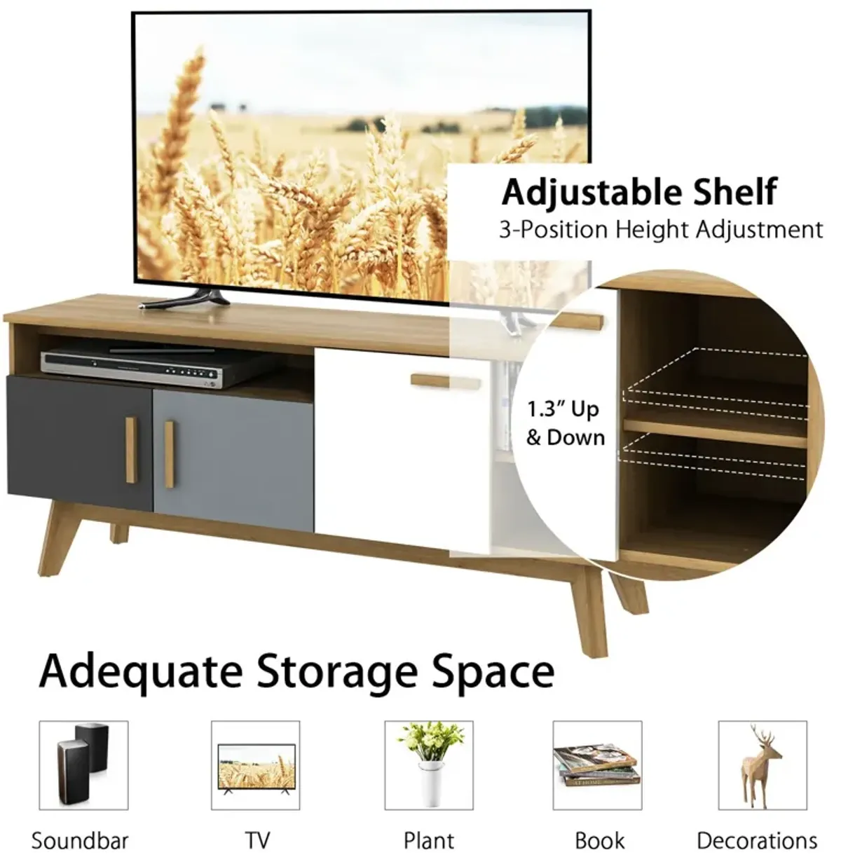 65 Inch TV Stand with 3 Storage Cabinets and 3 Open Shelves for Living Room