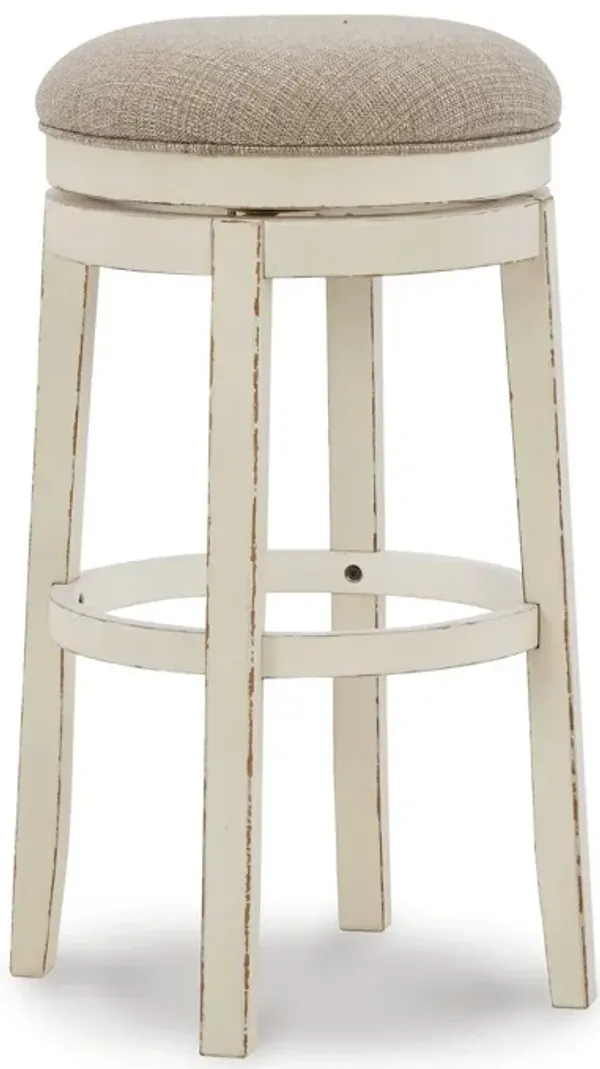30 Inch Swivel Backless Barstool, Distressed White, Beige Polyester Seat-Benzara