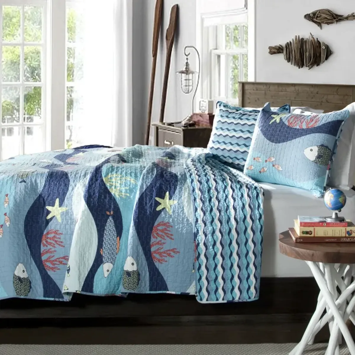 QuikFurn Twin Blue Serenity Sea Fish Coral Coverlet Quilt Bedspread Set