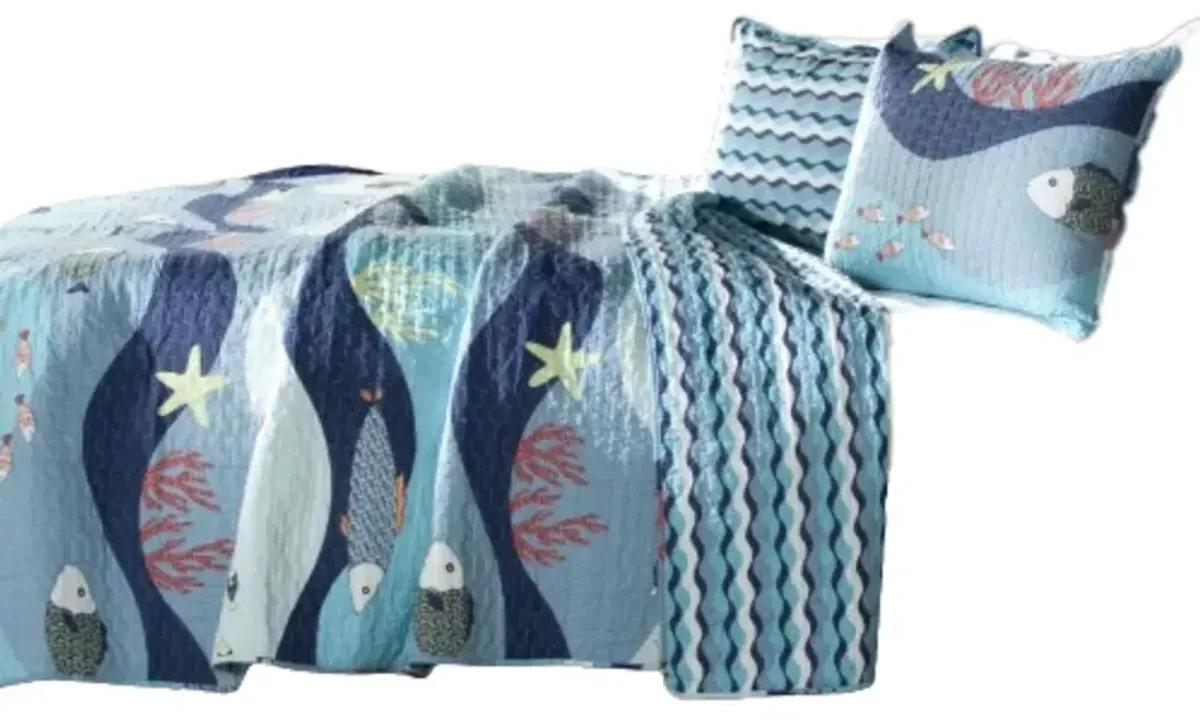 QuikFurn Twin Blue Serenity Sea Fish Coral Coverlet Quilt Bedspread Set