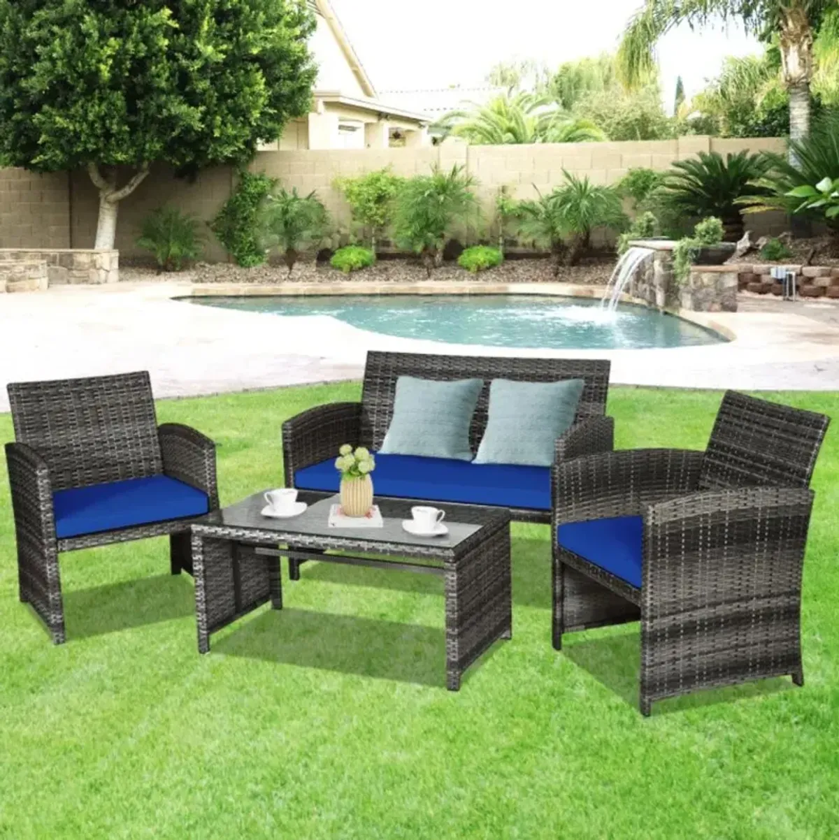 Hivvago 4 Pieces Patio Rattan Furniture Set with Glass Table and Loveseat