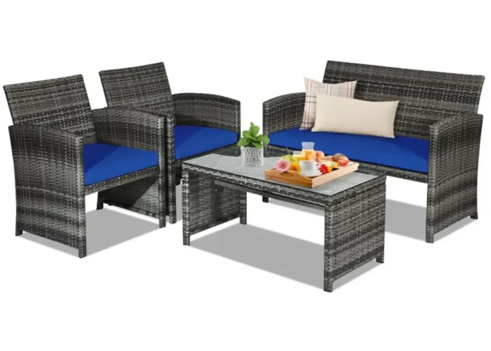 Hivvago 4 Pieces Patio Rattan Furniture Set with Glass Table and Loveseat