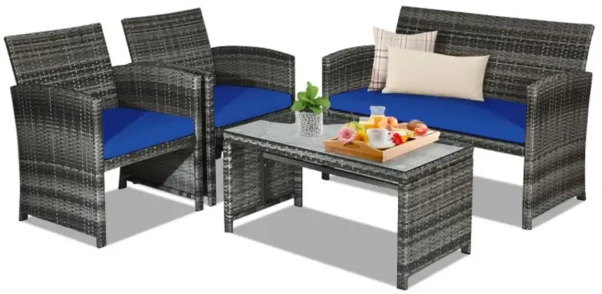 Hivvago 4 Pieces Patio Rattan Furniture Set with Glass Table and Loveseat