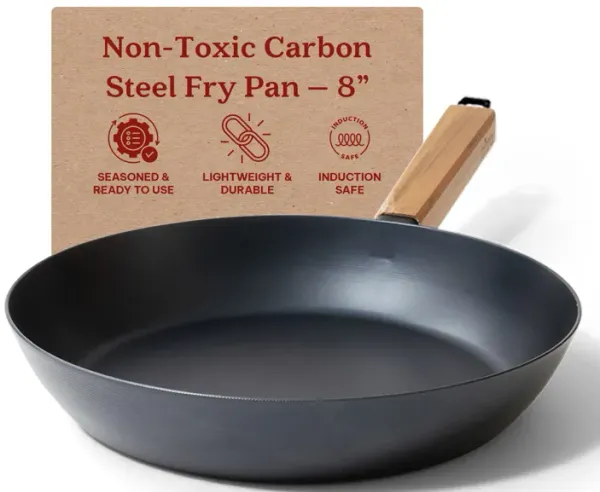Alva Forest Carbon Steel Pan 11" Pre-Seasoned with Natural Mineral Oil, Acacia Wood Stay Cool Handle Nonstick Frying Pan for Searing Steak, Non Toxic, Compatible with All Stovetops & Induction Safe