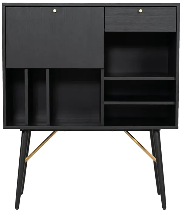 Belo Accent Buffet Sideboard, 6 Shelves, Gold Accent, Black, 42 Inch - Benzara