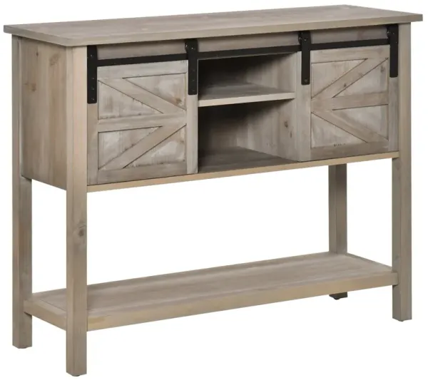 Grey Farmhouse Console Table: Sliding Barn Doors, 4 Open Compartments, Elevated Base