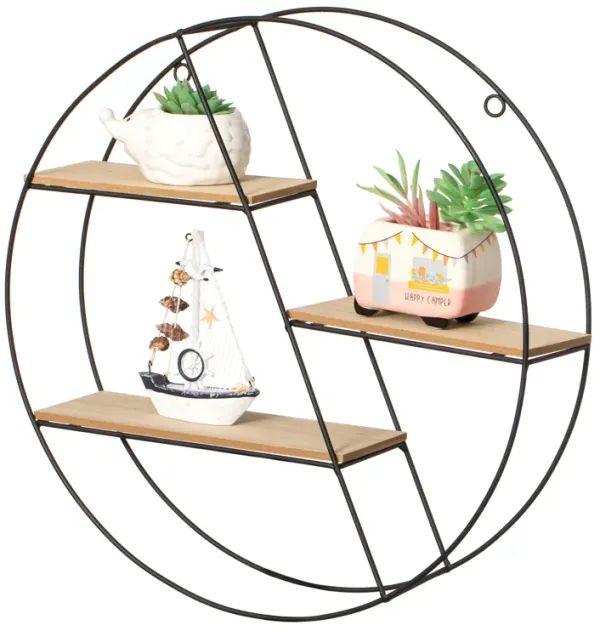 Vintiquewise Elegant 3-Tier Decorative Floating Circular Silhouette Wall Shelf - Circular Metal and Wood Wall-Mounted Shelf for Entryway, Bathroom, Bedroom, and Living Room Decor, Black Finish