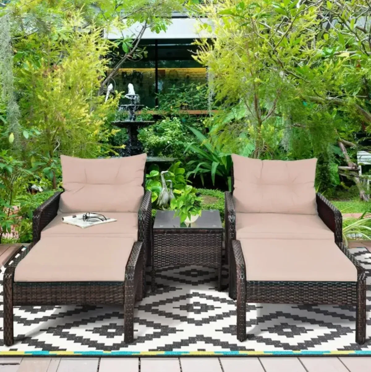 Hivvago 5 Pieces Patio Rattan Sofa Ottoman Furniture Set with Cushions