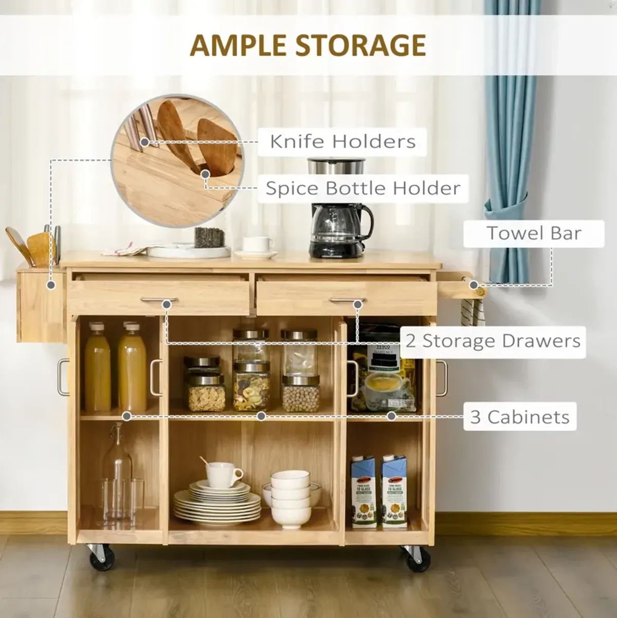 Wooden Rolling Kitchen Island Storage Cart with Drawers Door Cabinets