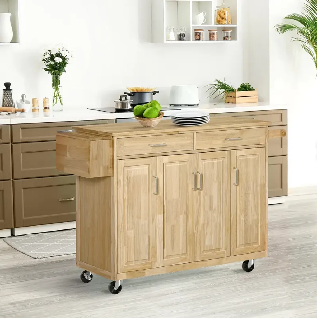 Wooden Rolling Kitchen Island Storage Cart with Drawers Door Cabinets