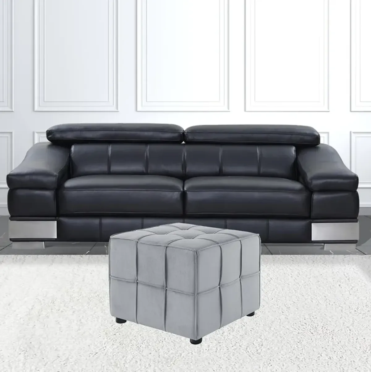 Hivvago 22" Light Grey Velvet And Black Cube Ottoman