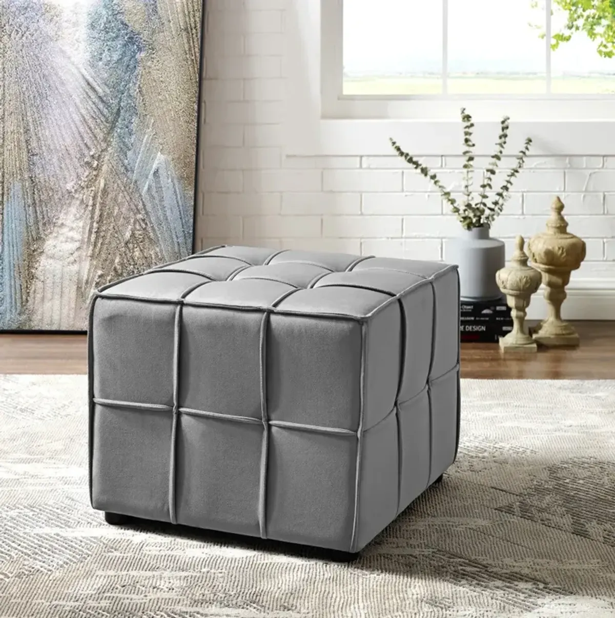 Hivvago 22" Light Grey Velvet And Black Cube Ottoman