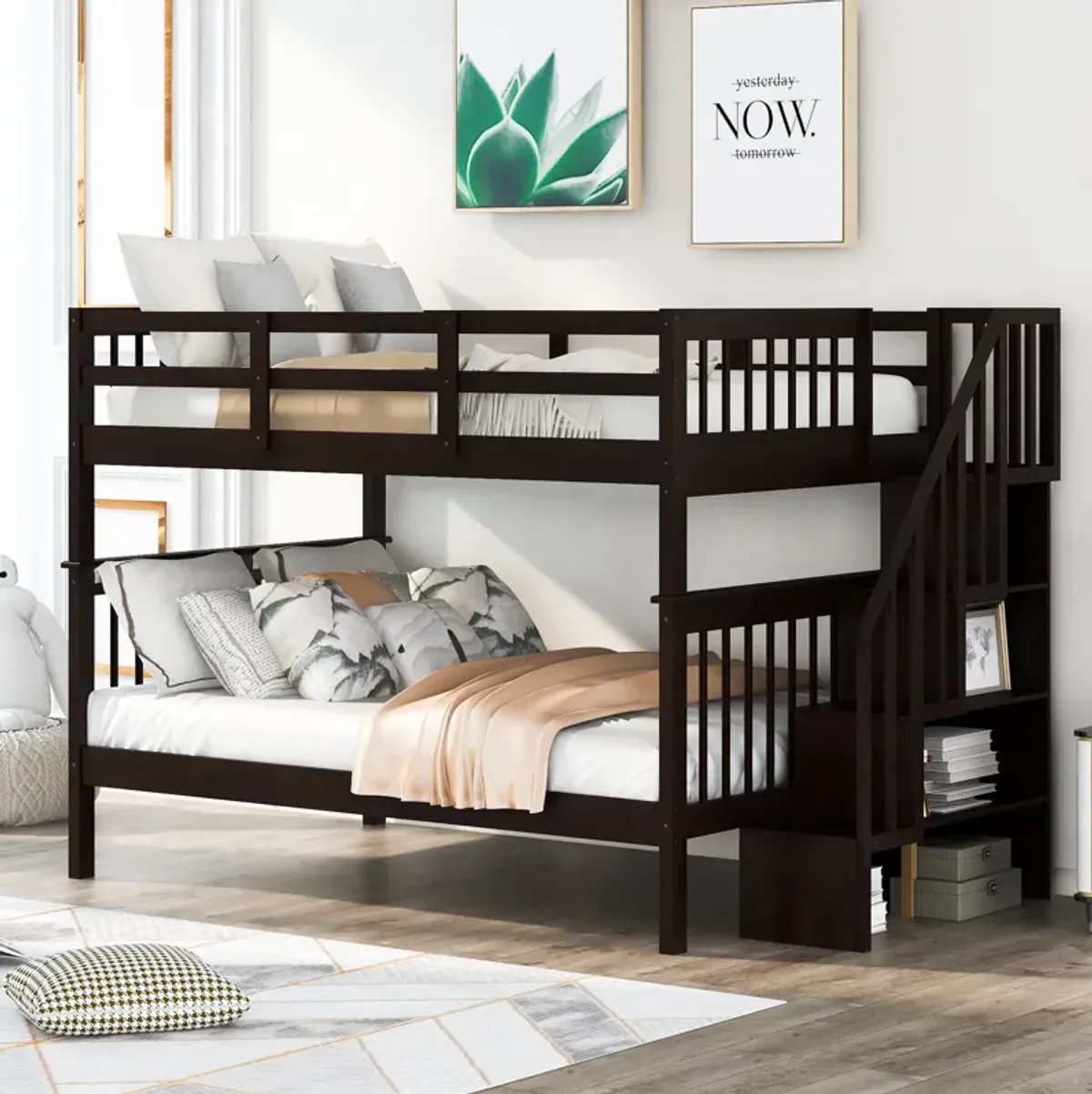 Modern Storage Bunk Bed with Open Shelves