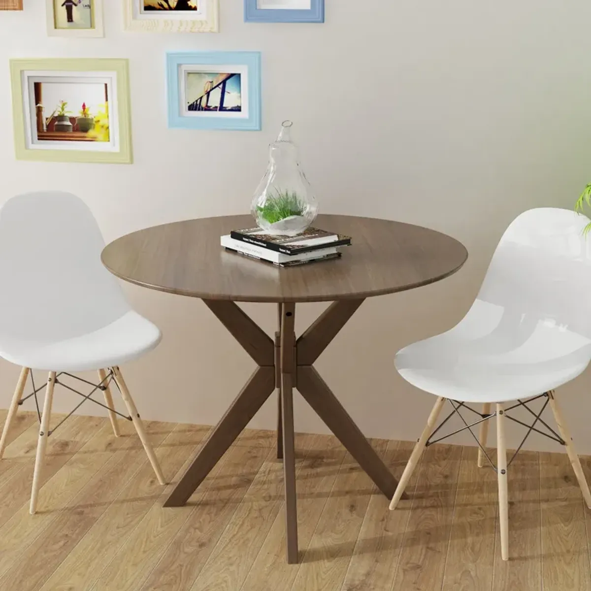 36 Inch Round Wood Dining Table with Intersecting Pedestal Base