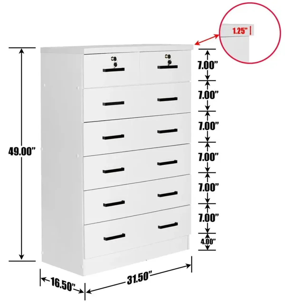 Better Home Products Cindy 7 Drawer Chest Wooden Dresser with Lock in White