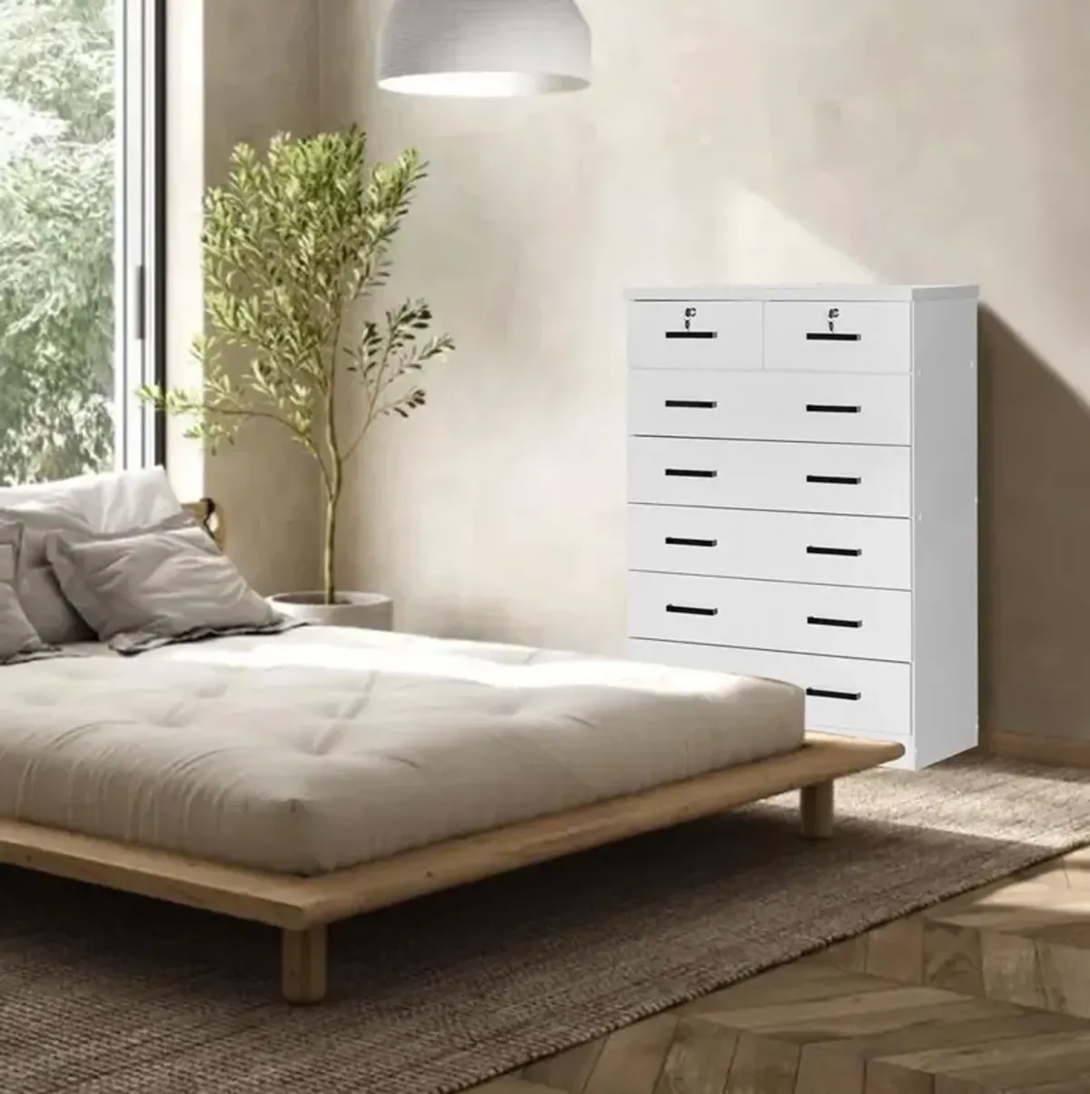 Better Home Products Cindy 7 Drawer Chest Wooden Dresser with Lock in White